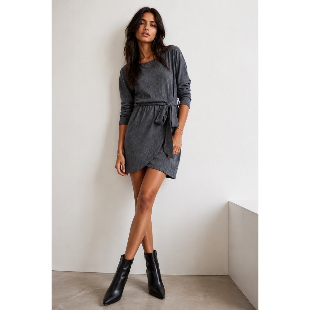 Anine Bing Wool Blend Tie Waist Mini Dress Gray Long Sleeve Wrap Style Medium
